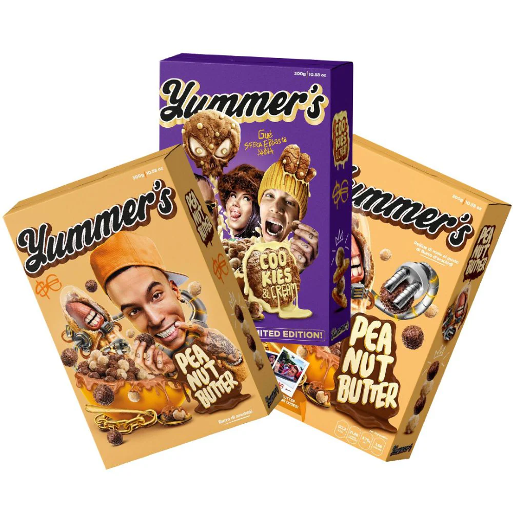 Yummer's 2 Cereali Peanut Butter by Sfera Ebbasta (nuove e vecchia edizione) e Cereali Cookies & Cream by Sfera Ebbasta, Gué, Anna da 300g
