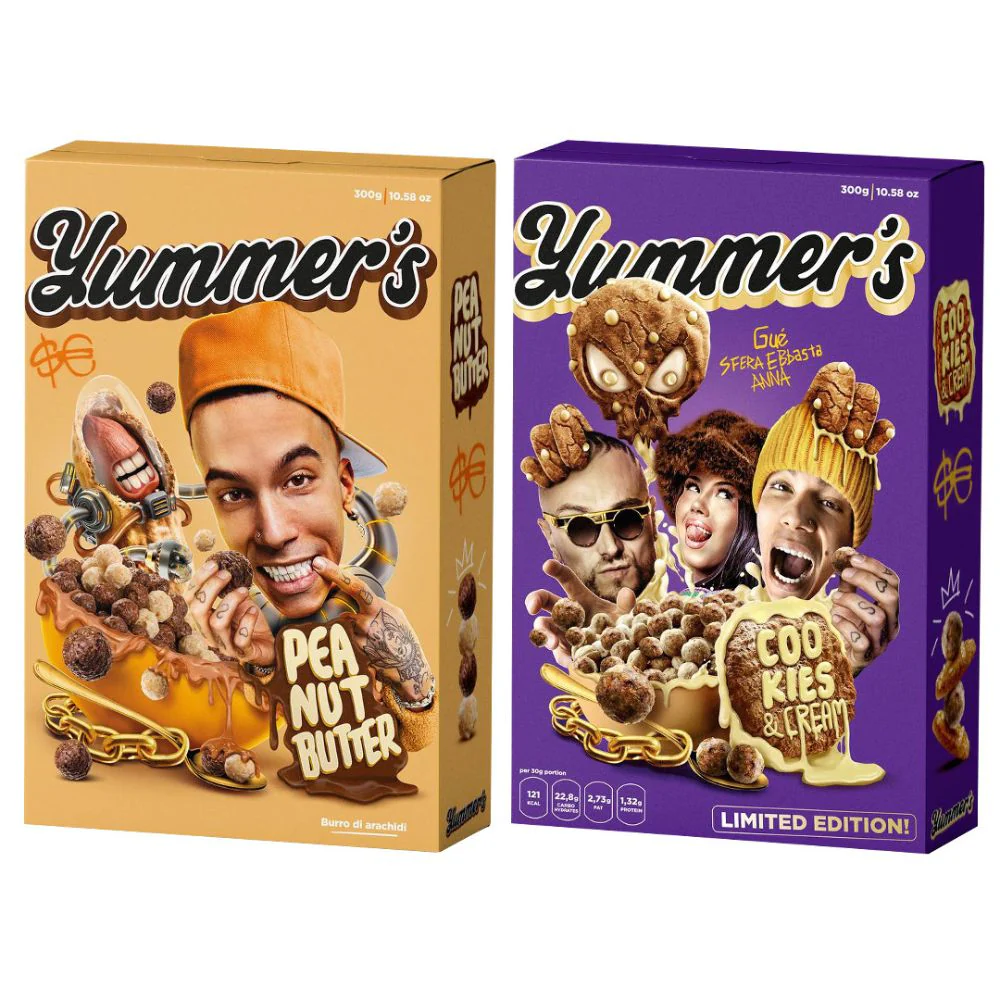 Yummer's Cereali Peanut Butter by Sfera Ebbasta e Cereali Cookies & Cream by Sfera Ebbasta, Gué, Anna da 300g