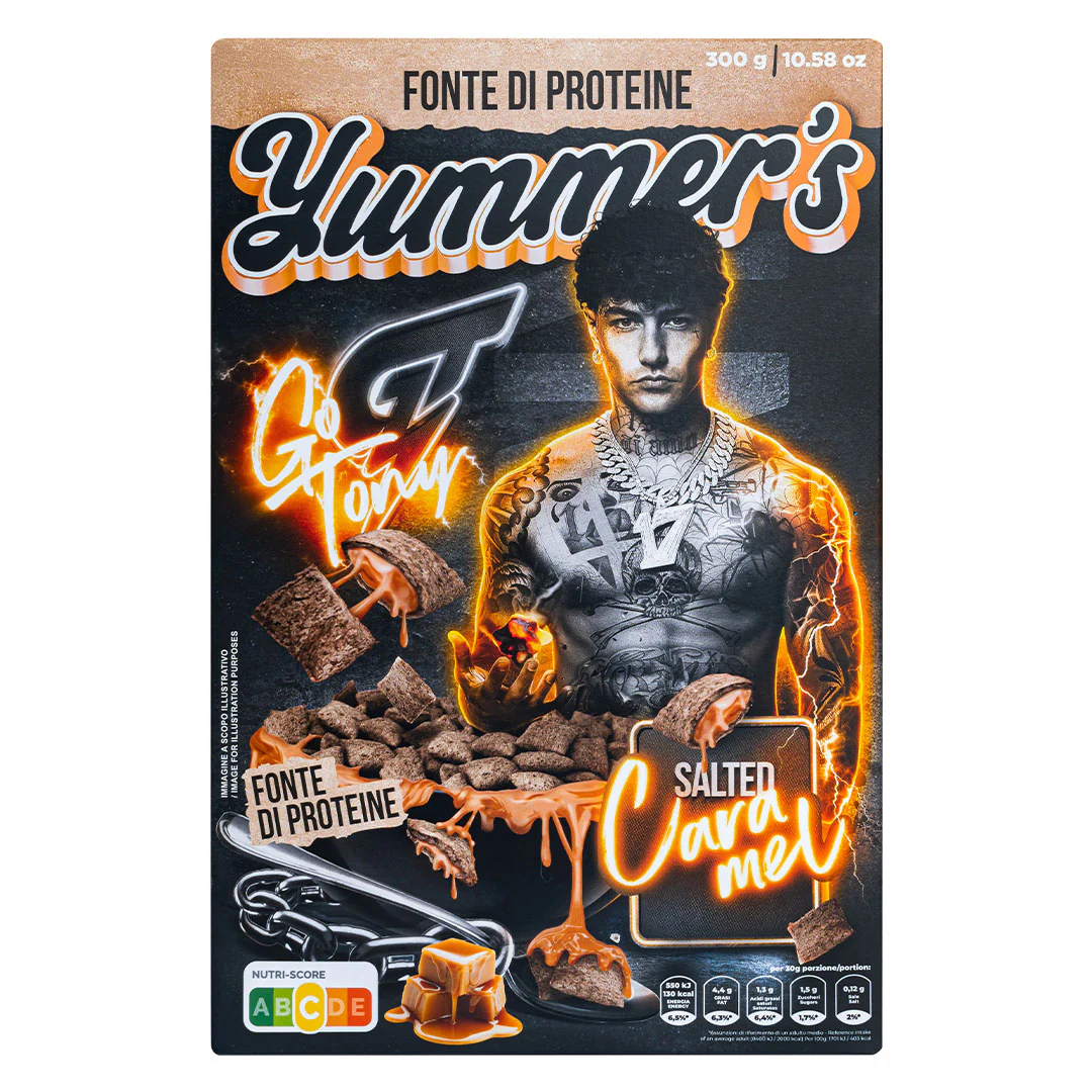 Yummer's Go Tony Salted Caramel by Tony Effe, cereali proteici ripieni di crema gusto caramello salato da 300 g | EDIZIONE LIMITATA